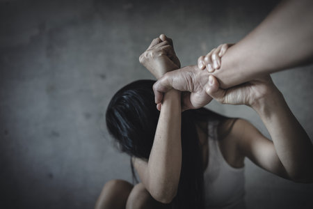Woman victim of domestic violence and abuse. Husband intimidates his wife, rape.