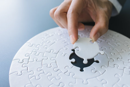jigsaw pieces business solutions Achievements and strategies business partnership concept Organize team building connection plan Choosing the right business.の写真素材