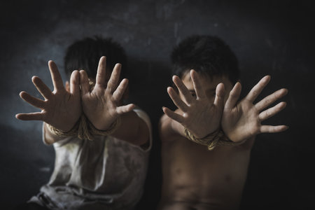 Children violence and abused, Stop abusing boy violence. child bondage in angle, human trafficking, Human Rights Day conceptの写真素材