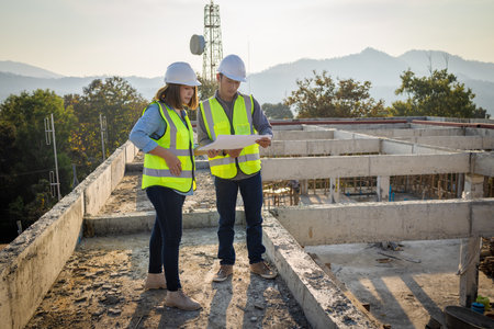 Construction engineer, team of construction engineers talks to managers and construction workers at...