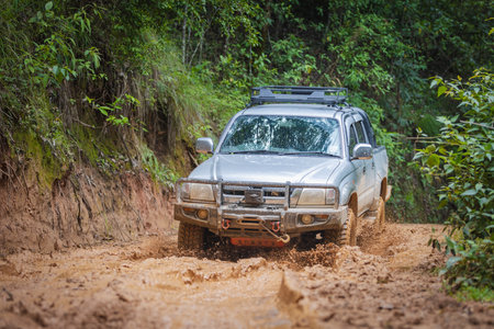 Cars running on off-road roads and splashing mud on natural paths. Off-road travel on muddy road....