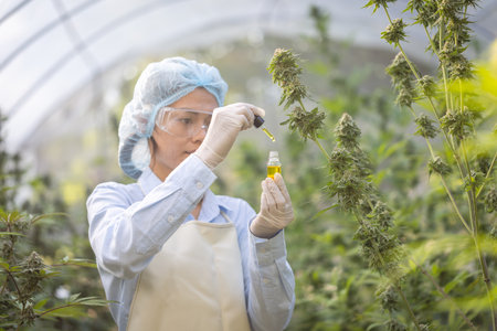 Farmer wearing  glove holding CBD oil bottle,  CBD hemp oil drops, Medical marijuana products including cannabis leaf,  alternative medicine.の写真素材