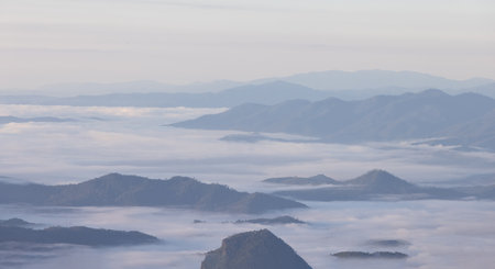 Mist with big mountain in the morning. beautiful mist sea on top moutain, Sunrise Scene of Mountain Range and Fog.の写真素材