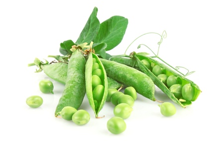 Fresh green pea in pod with leaves on white background, food ingredientの写真素材