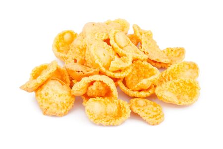 Sweet, tasty cornflakes, dry crispy on white, food photo