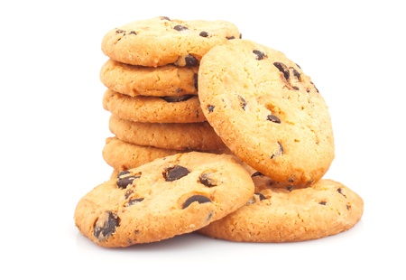 Stack of delicious cookies with chocolate chips on white background, food photos