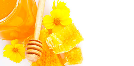 Honey in jar, stick, honeycombs and flowers, food photoの写真素材