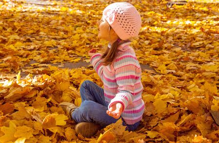 Cute little girl walking in the falling leaves, autumn photoの写真素材
