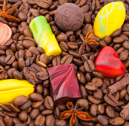 Coffee beans and chocolate candies, food photoの写真素材