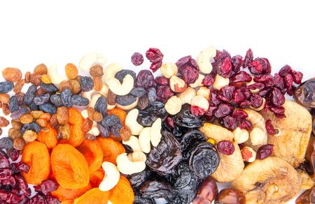 Dried fruits assortment on white background, health food concept.の写真素材