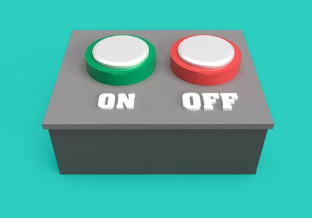 3d rendering of control switch box with button ON and OFF on soft blue background, minimal design...