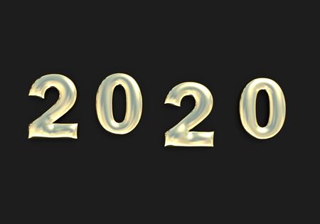 Happy New 2020 Year. Holiday 3d render of golden metallic numbers 2020. Realistic 3d sign. Festive poster or banner designの写真素材