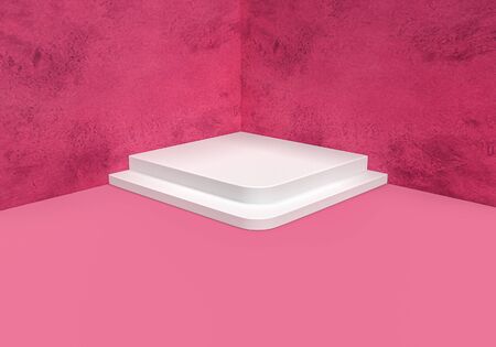 3d render of Pink and white pedestal corner studio backgroundの写真素材