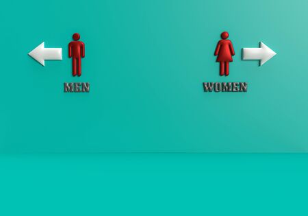 3d rendering of Men and Women sign toilet on the wall with white Left right arrow, 3d minimal concept for gender choose left or right, on blue backgroundの写真素材