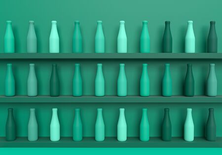 3d rendering of bottle set in shelf store on soft green background, 3d mockup minimal concept for businessの写真素材
