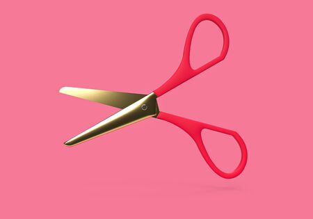 3d rendering of gold scissors on pink backgroundの写真素材
