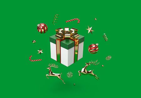 3d rendering of gift box and Christmas decoration set on green background. 3d minimal concept for Christmas or New yearの写真素材