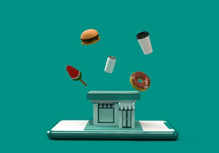 3d rendering of smartphone, shop, hamburger, ice cream,donut and beverages on blue background. 3d...