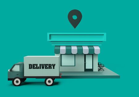3d rendering of store and delivery truck and location sign on blue background. 3d minimal concept for marketing or shopping deliveryの写真素材