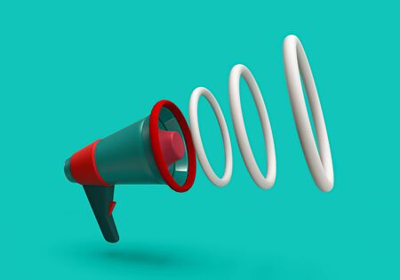 3d rendering of hand speaker and sound wave on blue backgroundの写真素材