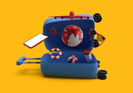 3d rendering of baggage, globe, ball, lifebuoy, mobile phone, glassed and airplane on yellow background. 3d minimal concept for travel, summer or tourismの写真素材