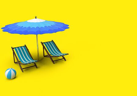 3d rendering of blue umbrella, chairs and ball on yellow background. 3d minimal concept for summer vacation.の写真素材