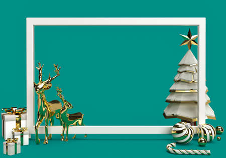 3d rendering of white frame with reindeer, christmas tree, gift box, candy cane and christmas ball....