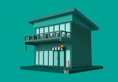 3d rendering of CafÃ© or restaurant on blue background. 3d minimal concept for market, cafÃ© or...