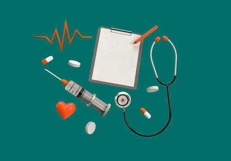 Medical concept with symbol of syringe, heart rat, clipboard, stethoscope and pill on blue...
