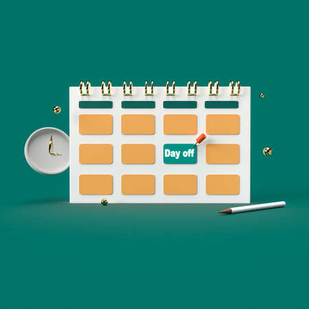 3d rendering of calendar and day off pin. 3d minimal concept for vacation, holiday and day off note