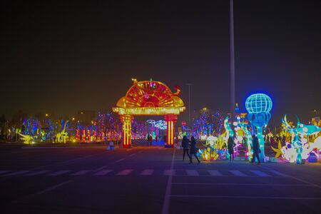 lights decoration chinese paper and metal traditional lantern led panoramaの写真素材
