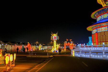 lights decoration chinese paper and metal traditional lantern led panoramaの写真素材