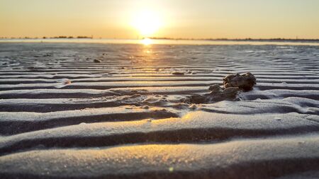 sunrise on the beach of the mediterranean sea in riccione rimini with sun reflected sand and wavesの写真素材