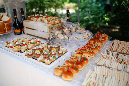 buffet for wedding ceremony with savory snacks and sandwiches. High quality photo