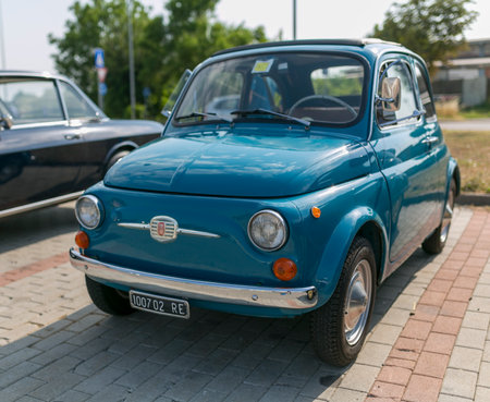 Bibbiano-Reggio Emilia / Italy - 07 15 2015: Free rally of vintage cars in the town square, high quality photo- old blue fiat 500のeditorial素材