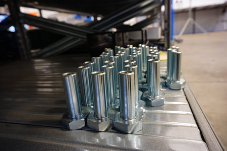 bolts flanges steel inserts on shelf. High quality photoの写真素材