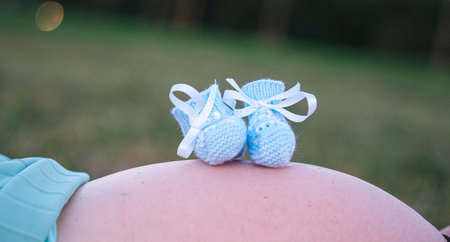 baby blue shoes put on the belly of the pregnant mother. High quality photo
