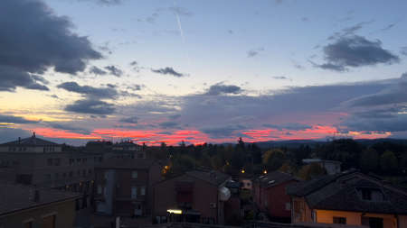 bibbiano reggio emilia beautiful panoramic sunrise over the townの写真素材