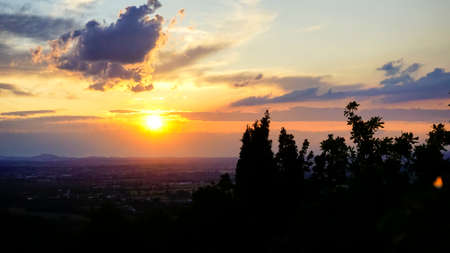 beautiful sunset over green hills of Emilia in Italy. High quality photo