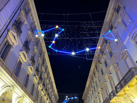 Turin Christmas lighting themed with constellations in the main street. High quality photoの写真素材
