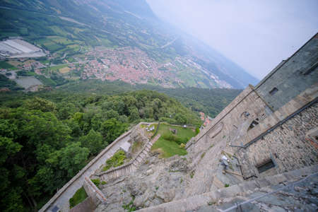 Sacra di San Michele in Turin, view from below of the cliff and walls. High quality photoの写真素材