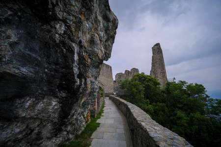 Sacra di San Michele in Turin, view from below of the cliff and walls. High quality photoの写真素材