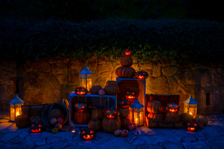 set up for halloween with pumpkins carved with monsters and lit by candles. High quality photoの写真素材