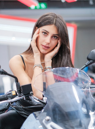 Milan, Italy - 2021 11 27: Eicma Milano Bike Expo Brunette Maria Laura de Vitis girl. High quality...