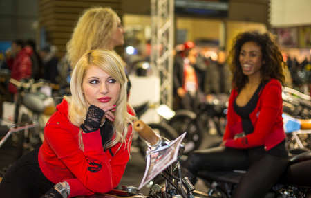 Verona, Italy - 2018 01 16: Verona Bike Expo Custom and Bikes blonde sexy girl. High quality photoのeditorial素材