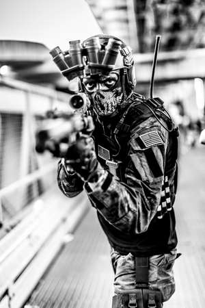 Lucca, Italy - 2018 10 31: Lucca Comics free cosplay event around city military sniper boy. High quality photoのeditorial素材