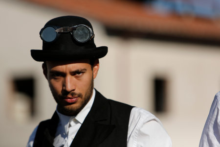 Lucca, Italy - 2018 10 31: Lucca Comics free cosplay event around city steam punk boy. High quality photoのeditorial素材