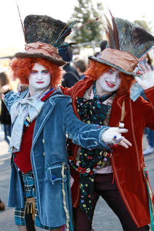 Lucca, Italy - 2018 10 31: Lucca Comics free cosplay event around city mad hat boy. High quality...