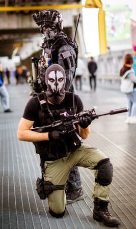 Lucca, Italy - 2018 10 31: Lucca Comics free cosplay event around city Military skull boy. High...