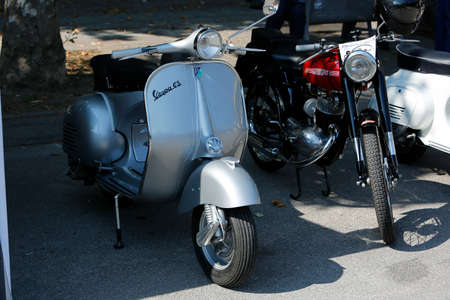 Bibbiano-Reggio Emilia Italy - 07 15 2015: Free rally of vintage cars in the town square Piaggio Versap Px150e. High quality photoのeditorial素材